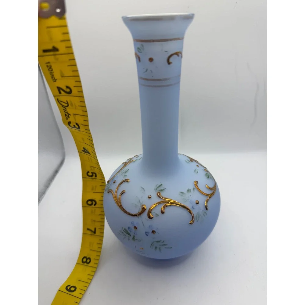 Vintage Light Blue Satin Frosted Glass Bud Vase‎ Hand Painted Gold Gilt 8 Inch